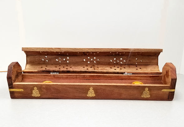 Wood Incense Coffin Box - Inlay Brass Buddha