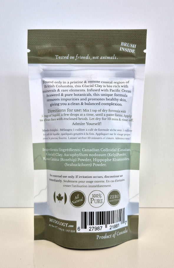 Mudology Canadian Glacial Clay facial masque package back with directions and ingredients