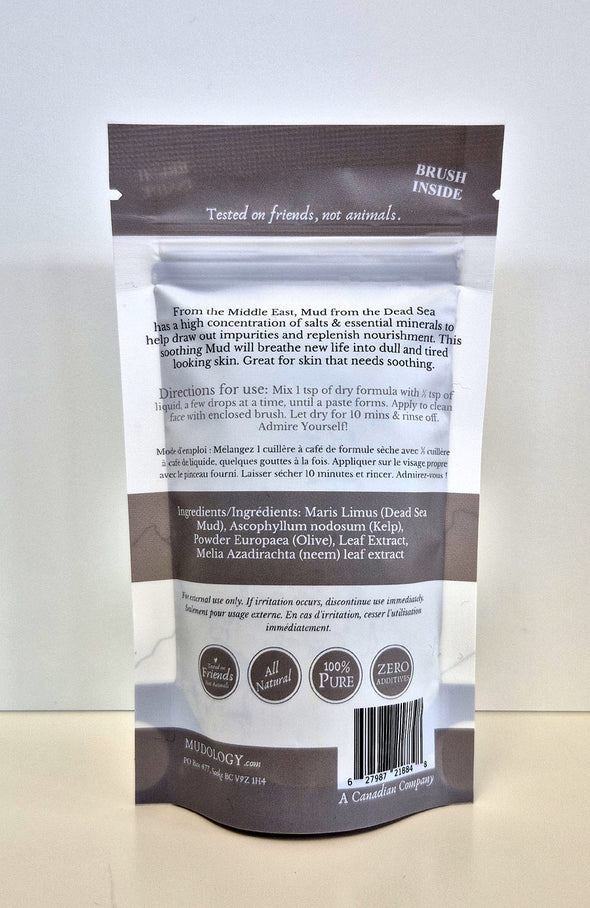 Mudology Dead Sea Clay facial masque package back with directions and ingredients