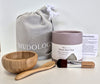 Mudology Dead Sea Clay facial masque spa kit with 100g tub of clay, wood bowl and spoon, applicator brush, cotton pouch and instructions