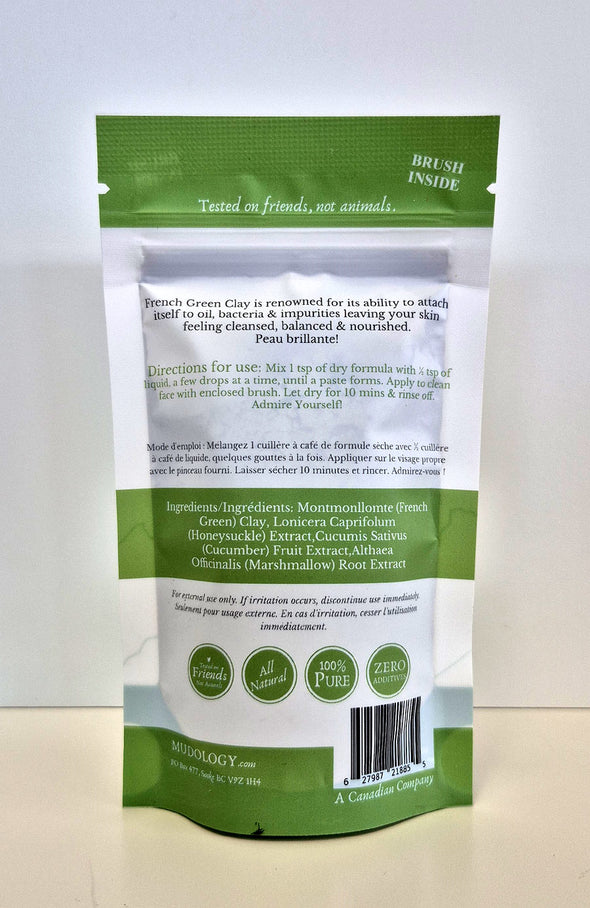 Mudology French Green Clay facial masque package back with directions and ingredients