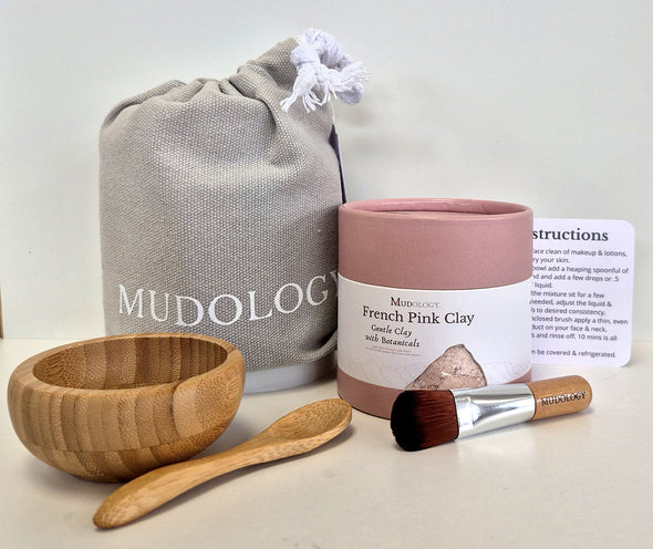 Mudology French Pink Clay facial masque spa kit with 100g tub of clay, wood bowl and spoon, applicator brush, cotton pouch and instructions