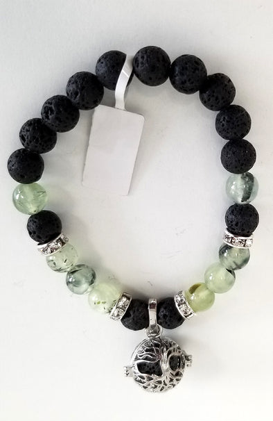 Gemstone Bead Bracelet - Lava Stone and Prehnite with Tree of Life