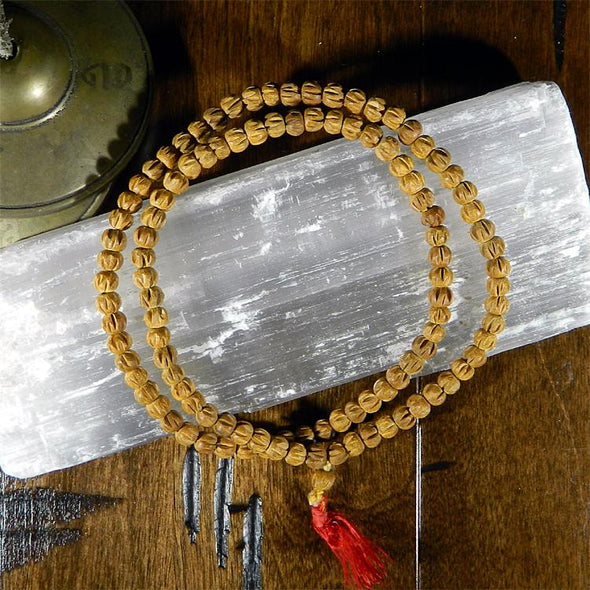 108 Bead Mala Necklace - 8mm Carved Sandalwood Beads
