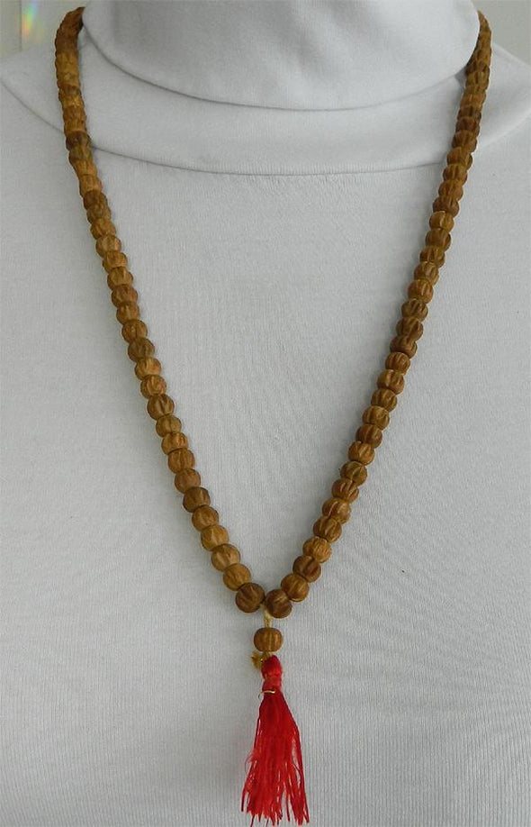 108 Bead Mala Necklace - 8mm Carved Sandalwood Beads