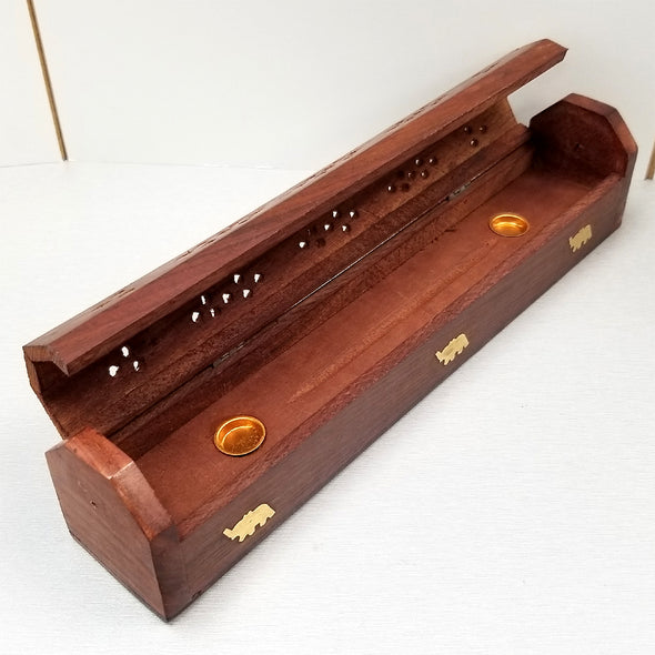 Wood Incense Coffin Box - Inlay Brass Elephants