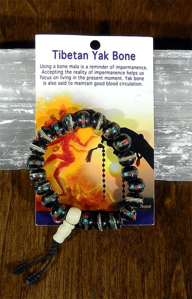 Mala Bracelet - Tibetan Yak Bone Black Inlaid with White Guru Bead