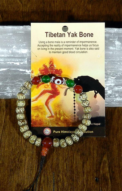 Mala Bracelet - Tibetan Yak Bone & Carnelian Guru with Mantra