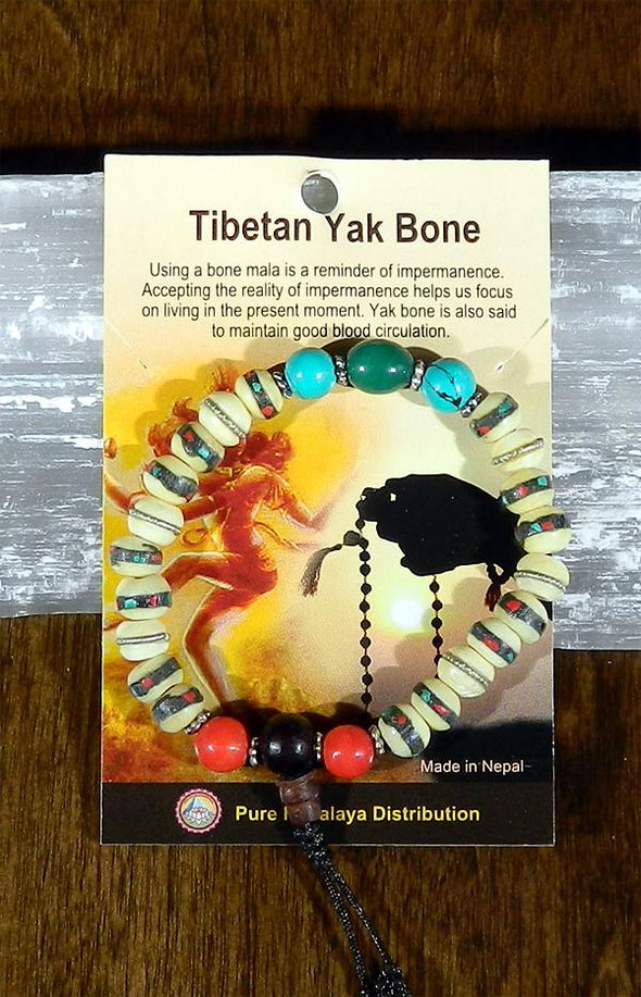 Mala Bracelet - Tibetan Yak Bone White Inlaid with Turquoise