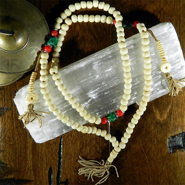 108 Bead Mala Necklace - White Yak Bone & Turquoise