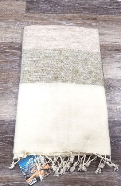 Yak Wool & Cotton Shawl ~ Neutral Stripes 2 (Beige/Olive/Ivory)